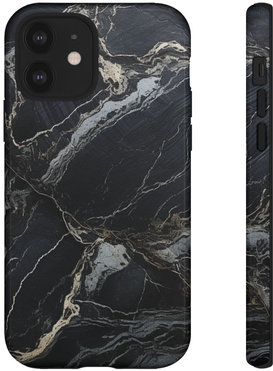 Zwarte Marmerstructuur met Witte Adering – Telefoonhoesje Geschikt voor iPhone 12