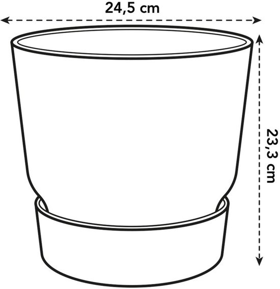 Schematische tekening van een olijfgroene Elho bloempot met waterreservoir van 24,5 cm breed en 23,3 cm hoog.
