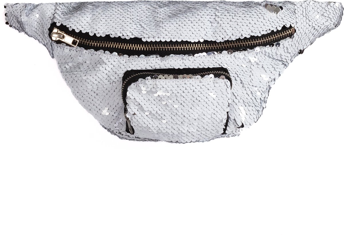 KIMU® Wit Zilver Heuptasje Omkeerbare Pailletten - Sequin Heuptas Fanny Pack - Tas Mermaid Zeemeermin Tasje Glitter Festival