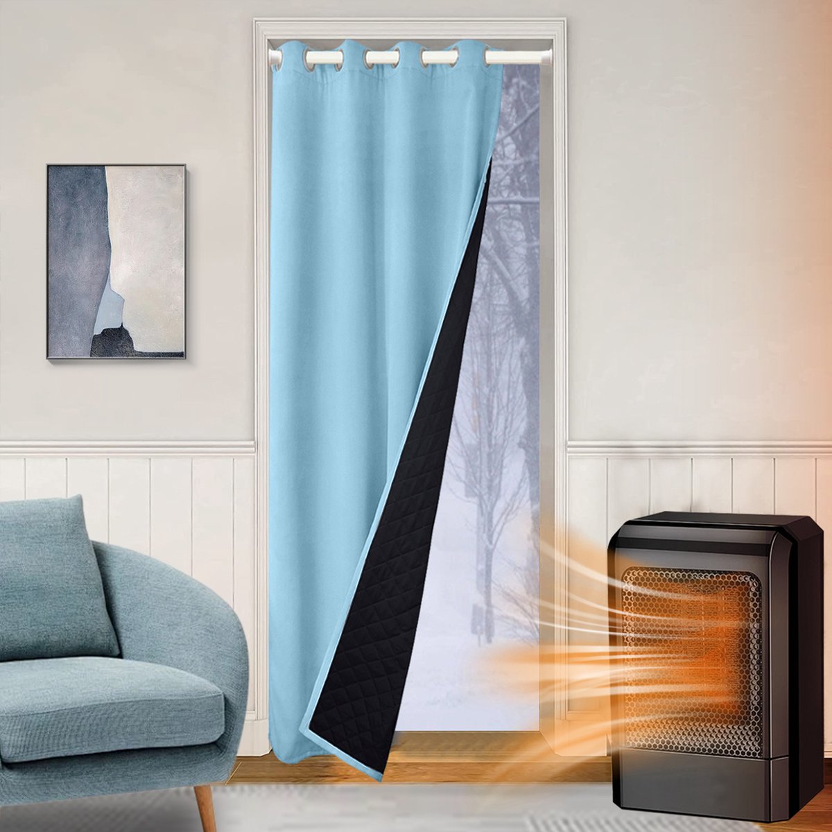 Qelus Verduisterende Gordijnen Kant en Klaar met Ringen - 132x203 cm - Isolerend, Waterdicht & Winddicht - 405gsm Blackout Gordijn voor Deur - Thermisch Deurgordijn - Blauw