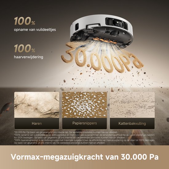 Robotstofzuiger met 30.000 Pa zuigkracht, toont het opzuigen van haren, snippers en kattenbakvulling