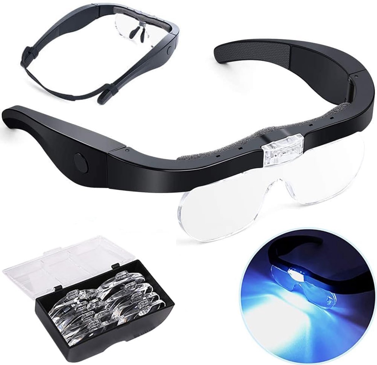 Vergrootglas met licht, USB, hoofdvergrootglas voor brildragers, vergrootglas 1,5x, 2,5x, 3,5x, 5x vergroting, hoofdvergrootglas, leesloep met ledverlichting, leesloepset voor lezen, hobby's,