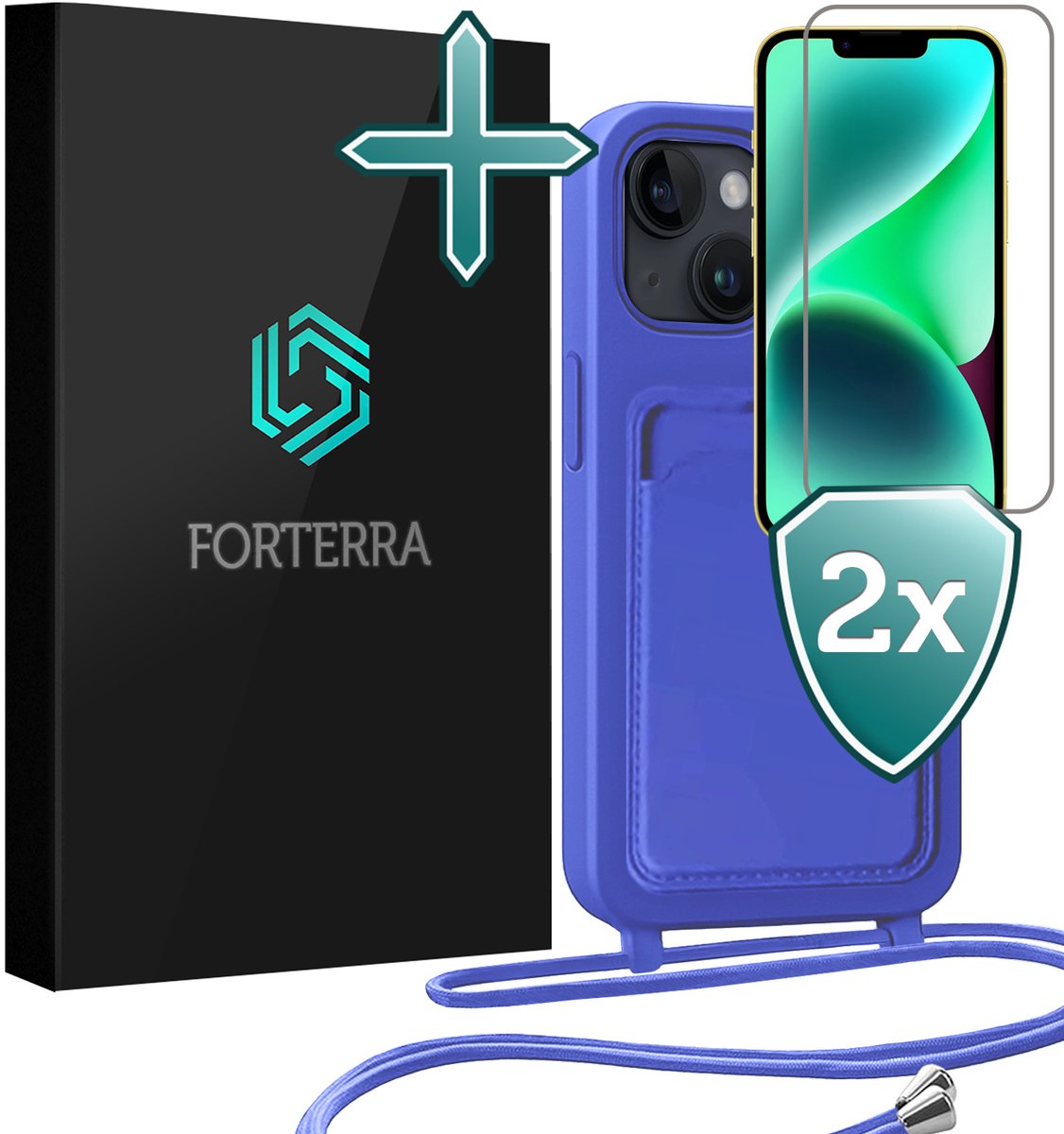 Hoesje Geschikt voor iPhone 14 Pashouder Case Siliconen Hoes Met Koord Met 2x Screenprotector - Hoes Geschikt voor iPhone 14 Met Telefoonkoord Hoesje Back Cover Met Pasjeshouder - Felblauw