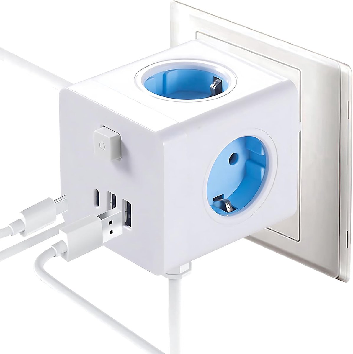 Power Cube Stekkerblok - 4-voudige kubus 2 USB + 1 USB-C - 7-in-1 meervoudige stopcontact - stekkerdoos met schakelaar