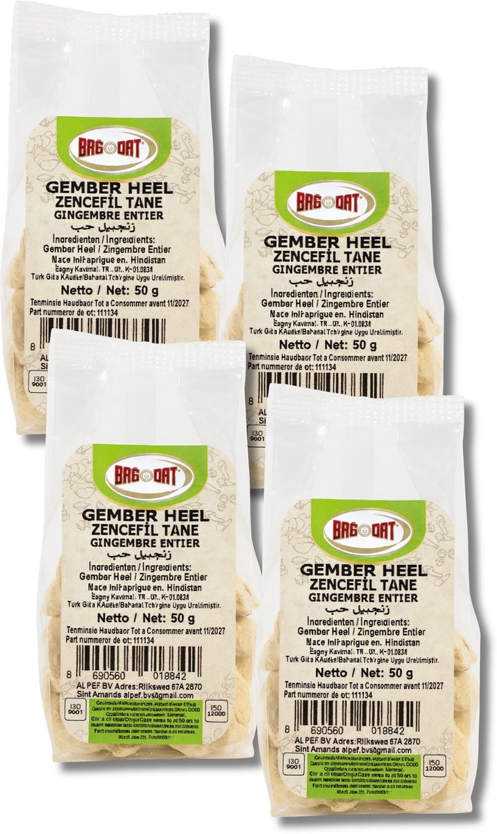 Bagdat - Gember Heel - Ginger Whole - Gember Korrel - Zencefil Tane - Ginger Grain - 50 gr - 100% Natuurlijk - Thee - 4 Stuks