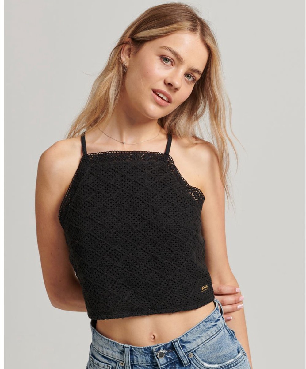 Superdry Kort Vintage gehaakt topje Dames Tops Zwart