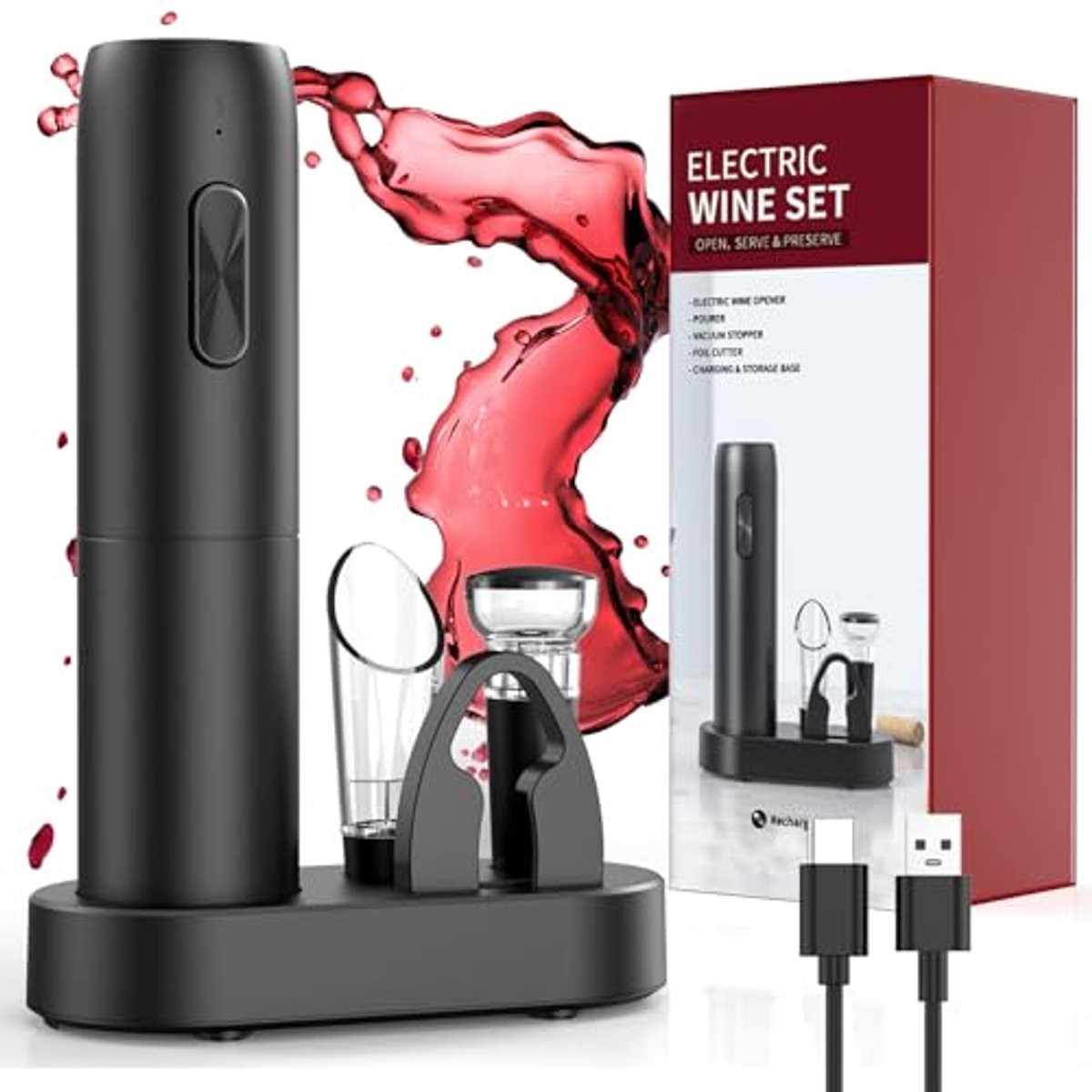 Oplaadbare elektrische kurkentrekker en wijnaccessoire set, 6-in-1, perfecte cadeau