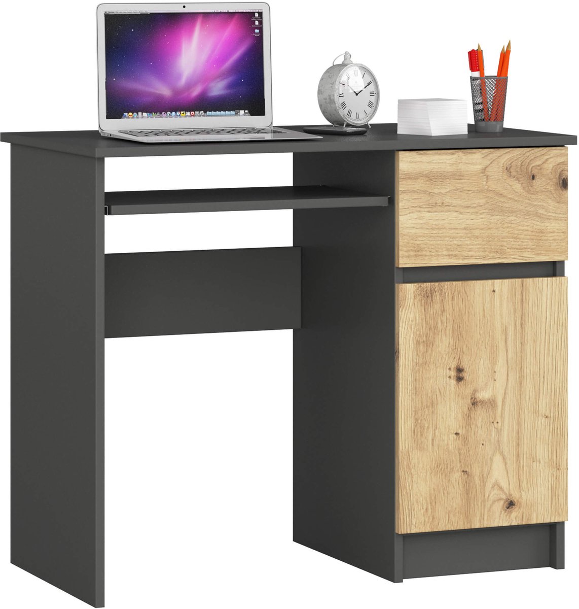 Bureau Rechts PIKSEL / Computerbureau / Computer Tafel / Bureautafel Rechts / Grafietgrijs - Artisan Eik / 90 x 77 x 50 cm