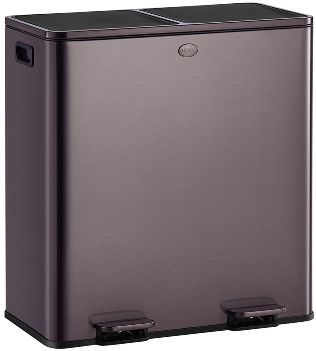 HÜSQ Prullenbak 60L (2x30 liter) – Recycle Soft-Close Vuilnisbak in RVS met 2 Vakken – Afvalscheiding Afvalbak – Pedaalemmer in gun metal