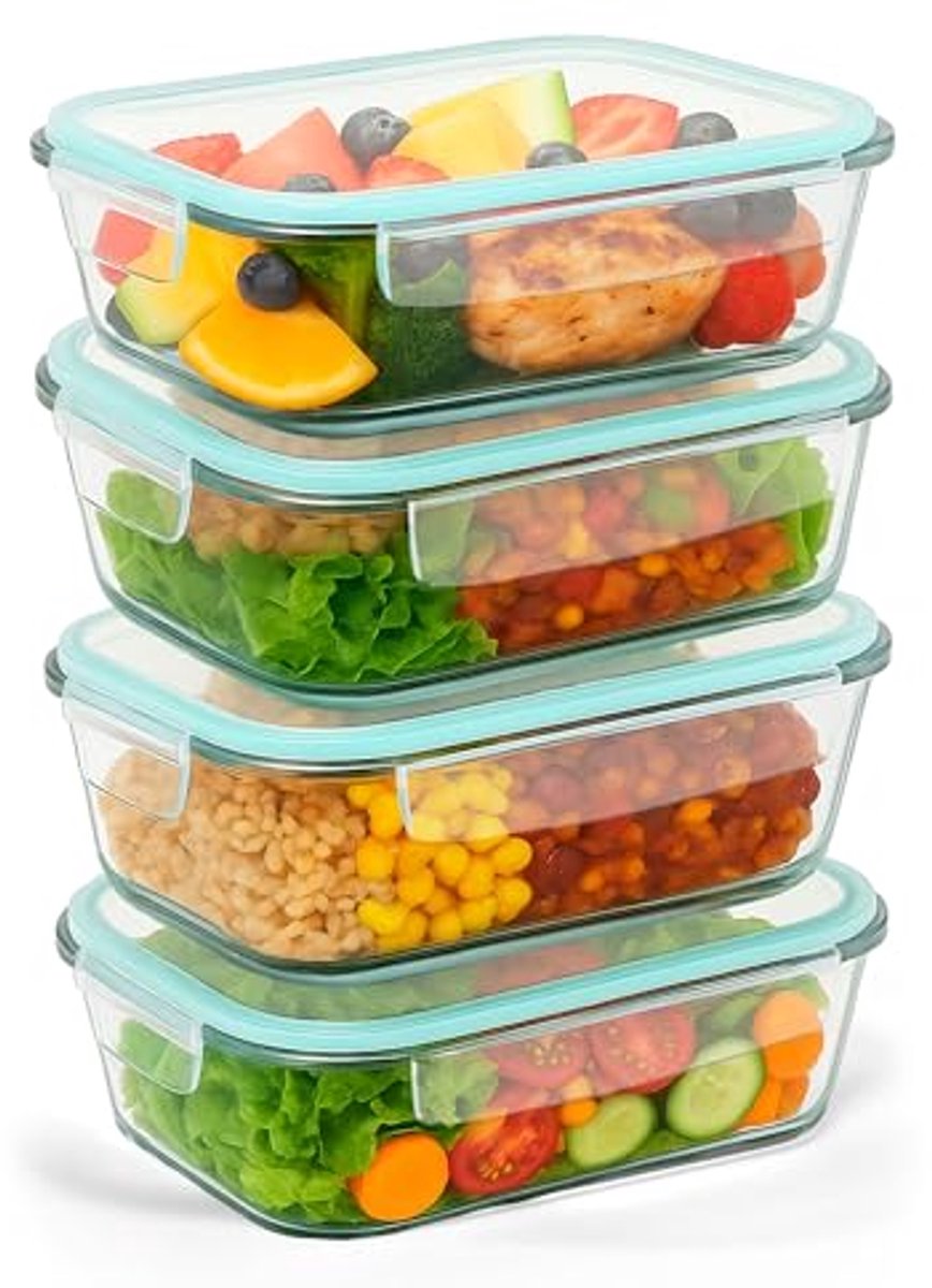 Luchtdichte glazen voedselcontainers - 8 stuks (4 potjes + 4 deksels) - BPA-vrij en vaatwasmachinebestendig