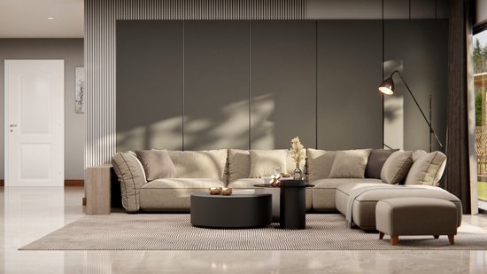 Comfortabele hoekbank in linnenlook met beige kussens, zwarte salontafels en een lichte vloer.