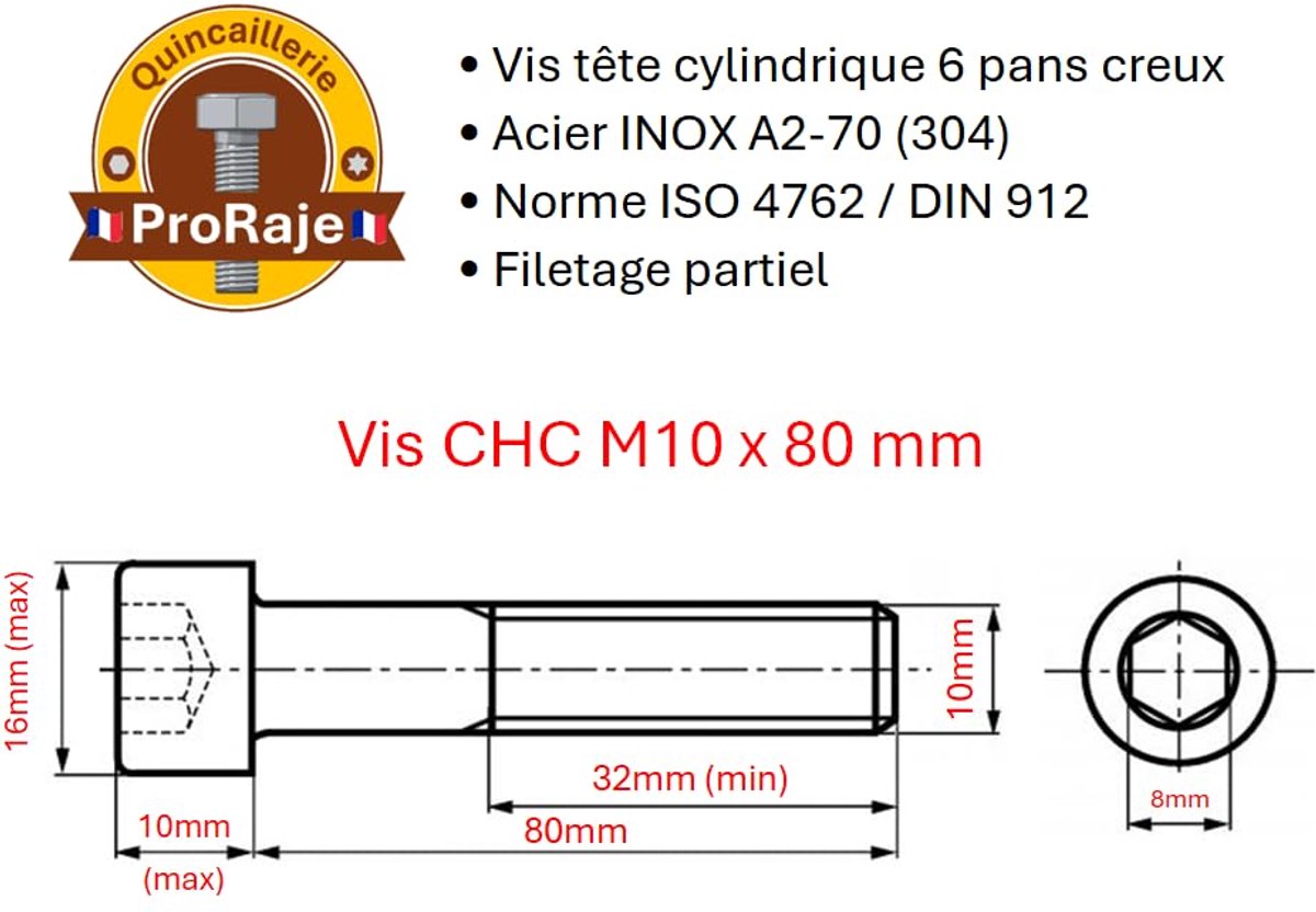 Roestvrijstalen cilinderkop schroeven M10 x 80 mm - Set van 20 stuks