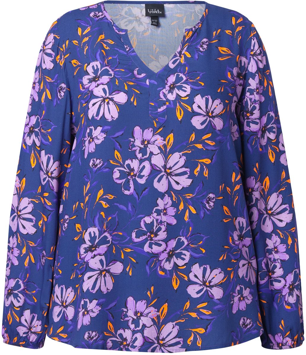 Ulla Popken - Dames - Blouse bloemen A-lijn V-hals lange mouw - Donkerblauw - Maat 50+
