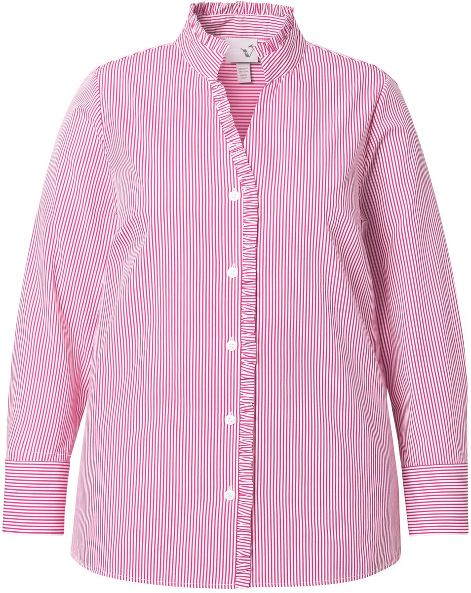 Ulla Popken - Dames - Gestreepte blouse volant opstaande kraag lange mouw - Donkermauve - Maat 50+