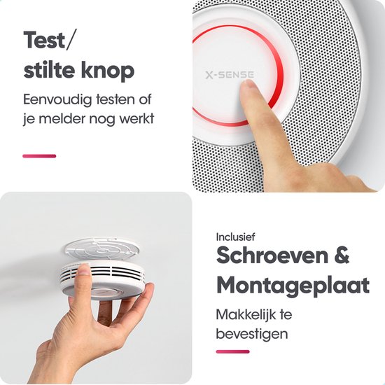 Een hand drukt op de rode test/stilte knop van een witte X-Sense rookmelder. Een andere afbeelding toont een melder die aan het plafond wordt bevestigd met schroeven.