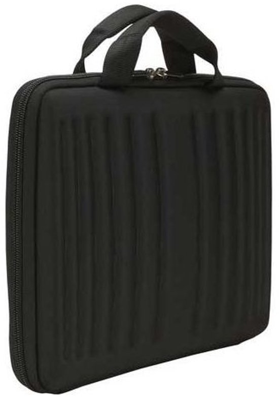 Zwarte laptoptas met verticale ribbels aan de voorkant en handvatten.