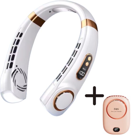 Draagbare Nekventilator & Handventilator Combo – Oplaadbaar, Stil, 5 Snelheden, USB, Witte & Roze Ventilator