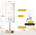 Dimensions de la lampe de table en bois avec abat-jour en lin, y compris l'ampoule et les instructions de montage.