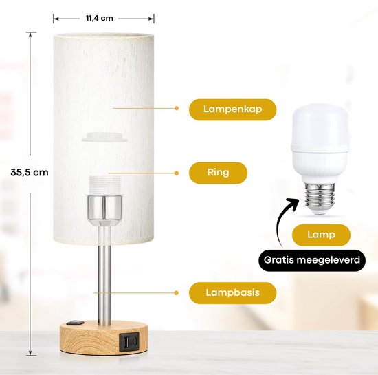 Dimensions de la lampe de table en bois avec abat-jour en lin, y compris l'ampoule et les instructions de montage.