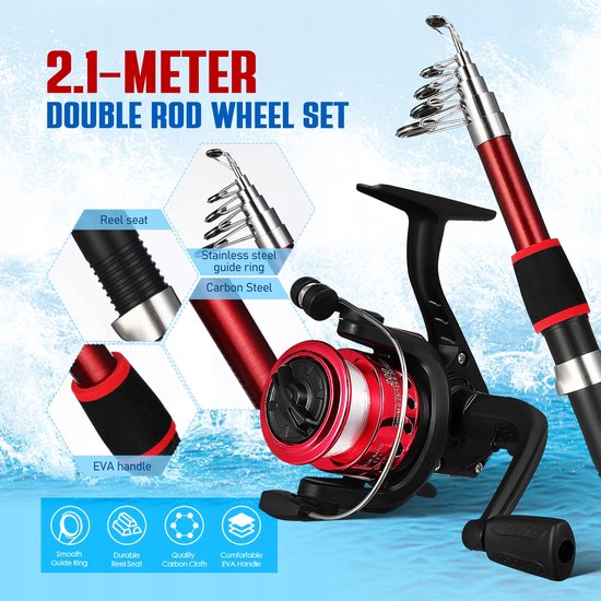 Set de pêche : 2 cannes à pêche pliables, 1 canne à lancer, 1 flotteur et appâts. | Kit de démarrage complet pour débutants et confirmés