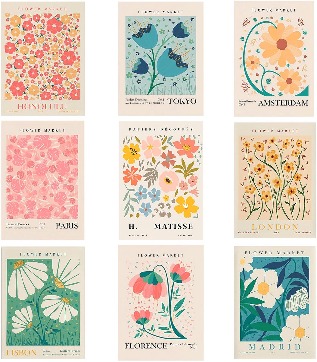 Ibenzoa Set van 9 decoratieve vintage bloemenposters voor diverse interieurstijlen Kleurjik