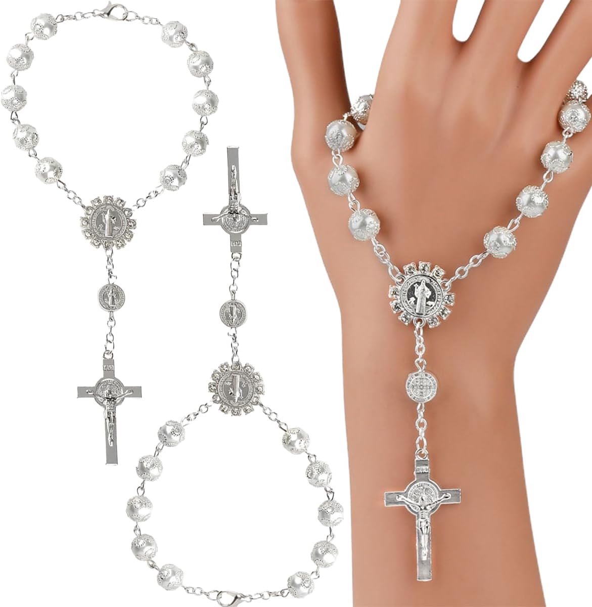 Image of 2pcs Rosary voor Achteruitkijkspiegels - Hangen Cross Rosary Achteruitkijkspiegel Pendant Auto Accessoires Interieur Decoratie voor Vrouwen Mannen Zilver