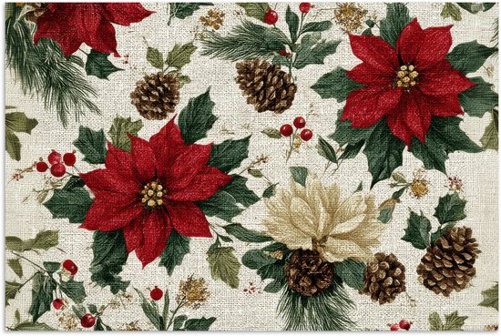 Poster 30x20 cm - Feestelijk - Textielpatroon - Kerstbloemen - Kleurrijk - Posters - Kamer decoratie - Wanddecoratie woonkamer - Muurdecoratie slaapkamer - Kerstversiering - Kerstdecoratie voor binnen - Kerstmis