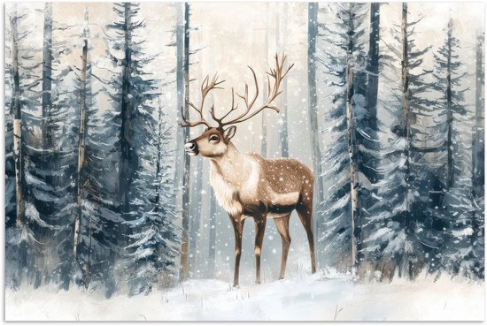 Poster 90x60 cm - Rendier - Sneeuw - Woud - Wit - Posters - Kamer decoratie - Wanddecoratie woonkamer - Muurdecoratie slaapkamer