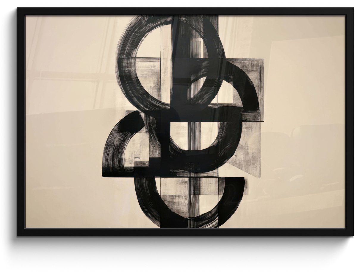 FrameYourWall Poster in lijst - Fotolijst 90x60 cm - Posters - Cirkels - Lijnen - Vormen - Zwart - Posterlijst zwart - Decoratie - Wanddecoratie woonkamer - Muurdecoratie slaapkamer