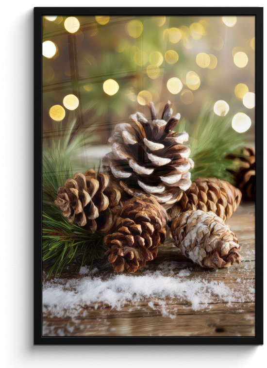 Poster in lijst - Fotolijst 60x90 cm - Posters - Dennenappels - Kerstsfeer - Bruin - Groen - Posterlijst zwart - Decoratie - Wanddecoratie woonkamer - Muurdecoratie slaapkamer - Kerstversiering - Kerstdecoratie voor binnen - Kerstmis