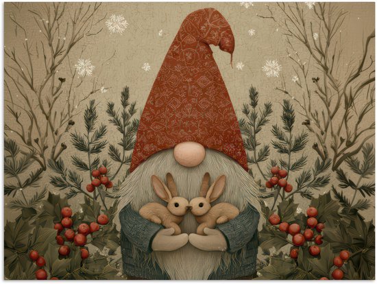 Poster 40x30 cm - Kerstgnome - Konijntjes - Kleurrijk - Posters - Kamer decoratie - Wanddecoratie woonkamer - Muurdecoratie slaapkamer - Kerstversiering - Kerstdecoratie voor binnen - Kerstmis