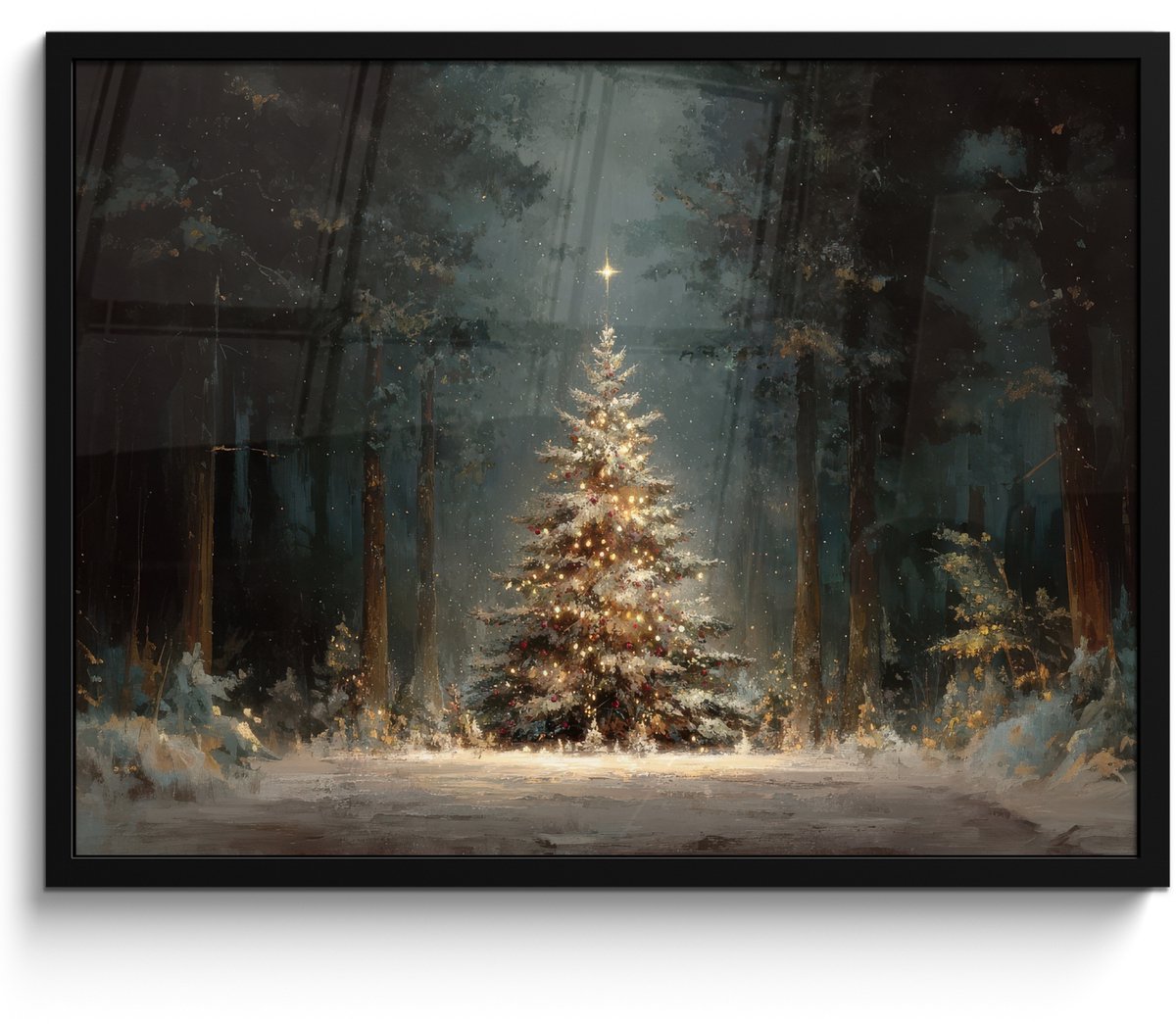 FrameYourWall Poster in lijst - Fotolijst 80x60 cm - Posters - Kerstboom - Bos - Sneeuw - meerkleurig - Posterlijst zwart - Decoratie - Wanddecoratie woonkamer - Muurdecoratie slaapkamer - Kerstversiering - Kerstdecoratie voor binnen - Kerstmis