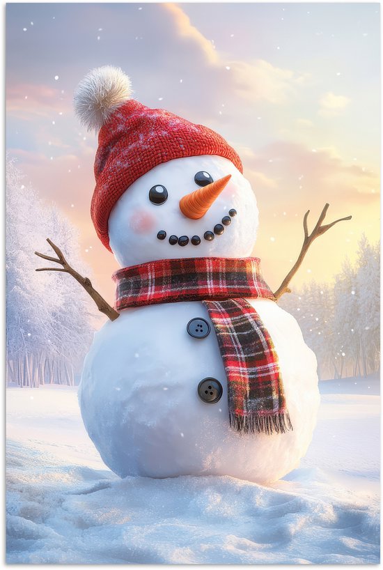 Poster 60x90 cm - Sneeuwpop - Zonsondergang - Wit - Posters - Kamer decoratie - Wanddecoratie woonkamer - Muurdecoratie slaapkamer