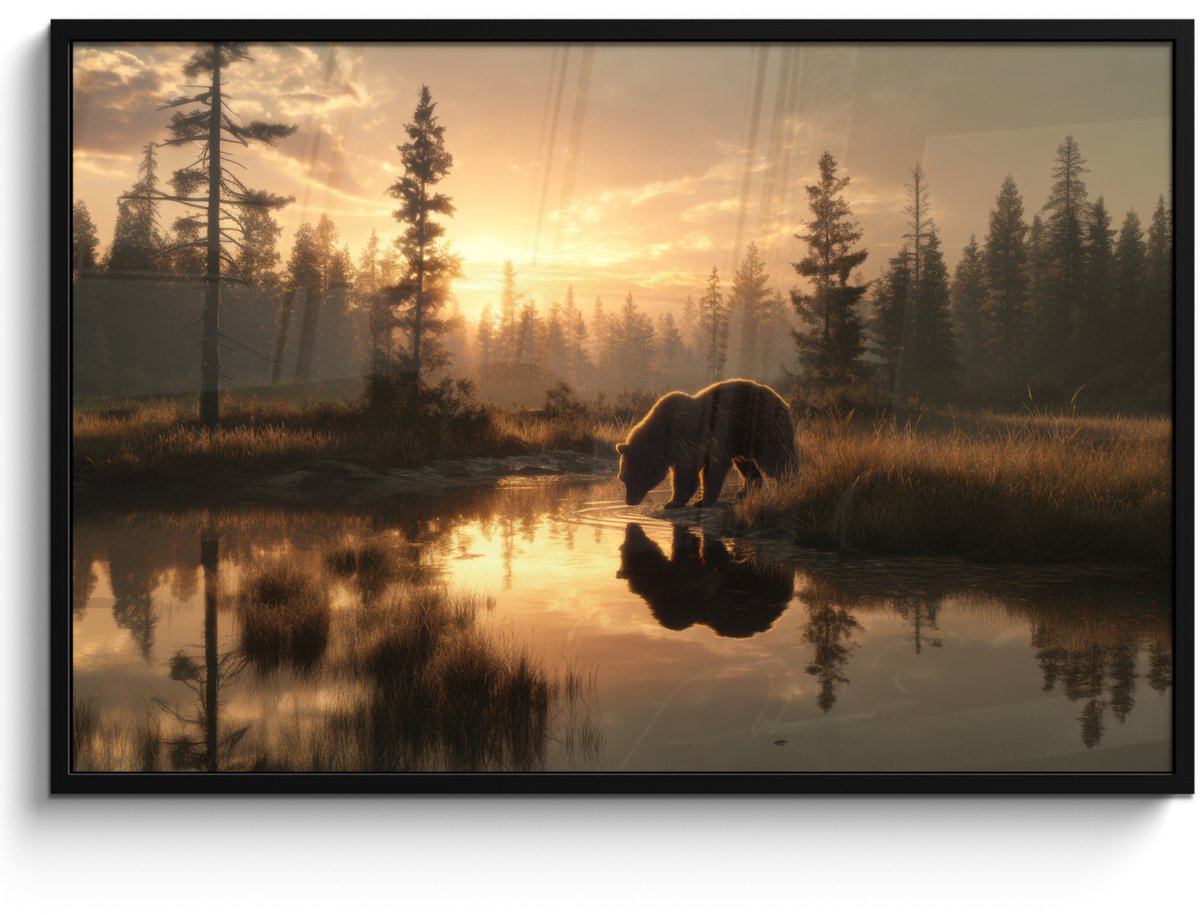 FrameYourWall Poster in lijst - Fotolijst 120x80 cm - Posters - Beer - water - Bos - Ochtendlicht - Posterlijst zwart - Decoratie - Wanddecoratie woonkamer - Muurdecoratie slaapkamer