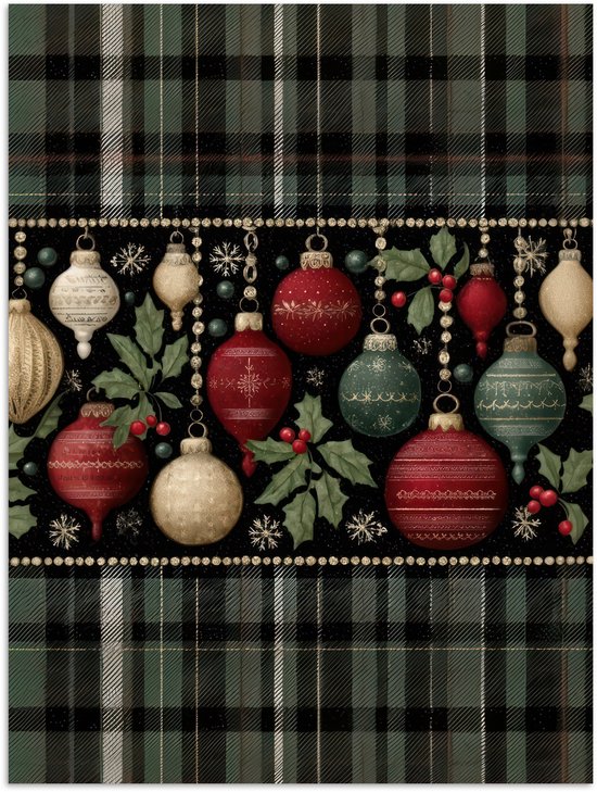 Poster 30x40 cm - Kerstballen - Rood - Hulsttakken - Patroon - Posters - Kamer decoratie - Wanddecoratie woonkamer - Muurdecoratie slaapkamer - Kerstversiering - Kerstdecoratie voor binnen - Kerstmis