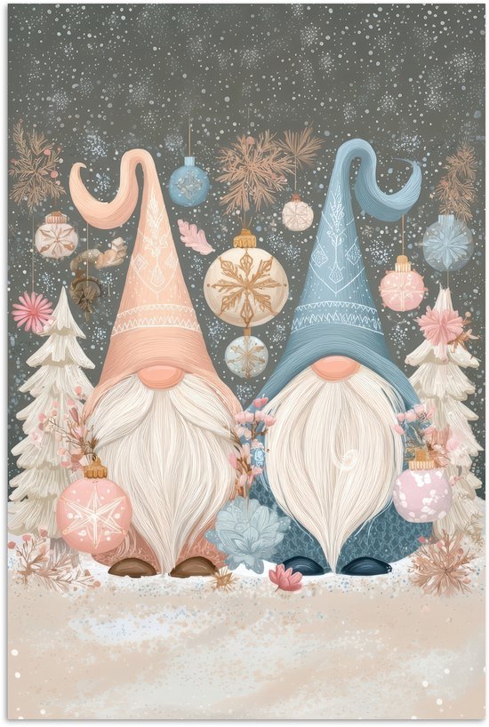 Poster 80x120 cm - Kerst - Gnomen - Pastel - Posters - Kamer decoratie - Wanddecoratie woonkamer - Muurdecoratie slaapkamer - Kerstversiering - Kerstdecoratie voor binnen - Kerstmis