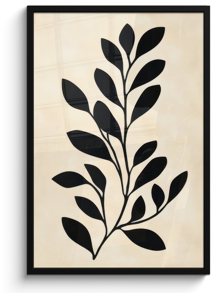 FrameYourWall Poster in lijst - Fotolijst 60x90 cm - Posters - Minimalistisch - Tak - Bladeren - Zwart - Posterlijst zwart - Decoratie - Wanddecoratie woonkamer - Muurdecoratie slaapkamer