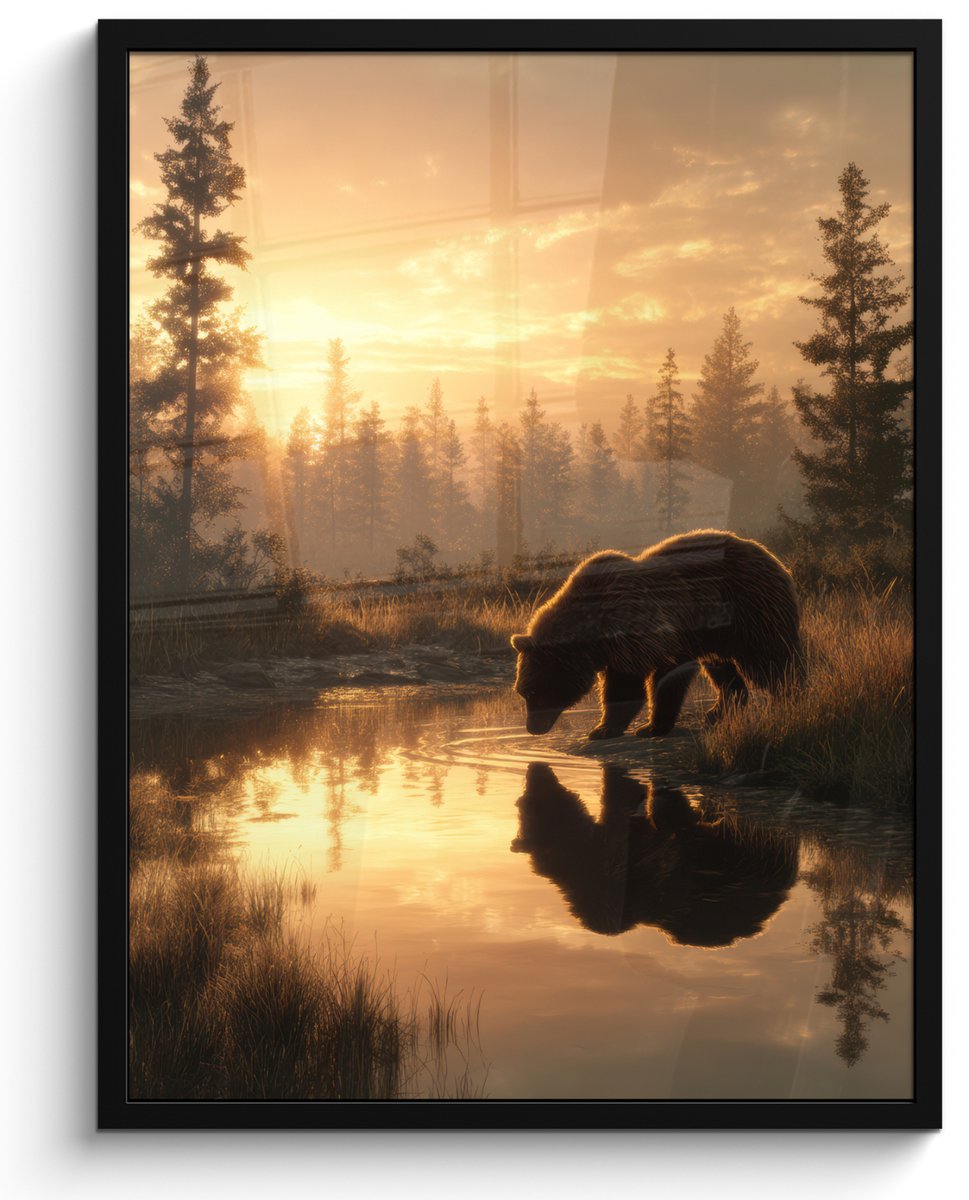 FrameYourWall Poster in lijst - Fotolijst 60x80 cm - Posters - Beer - water - Bos - Ochtendlicht - Posterlijst zwart - Decoratie - Wanddecoratie woonkamer - Muurdecoratie slaapkamer