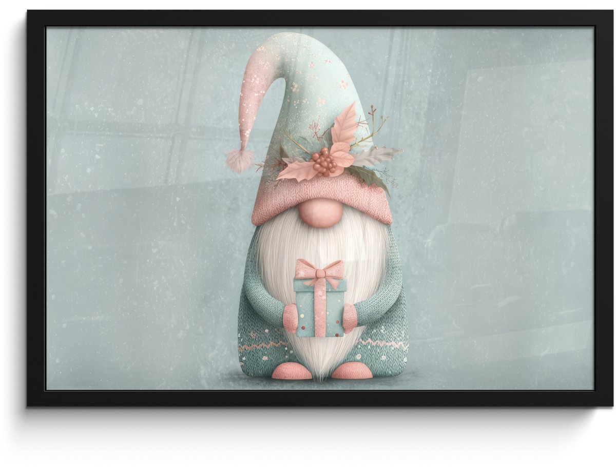 FrameYourWall Poster in lijst - Fotolijst 60x40 cm - Posters - Kerstgnome - Cadeau - Groen - Posterlijst zwart - Decoratie - Wanddecoratie woonkamer - Muurdecoratie slaapkamer - Kerstversiering - Kerstdecoratie voor binnen - Kerstmis