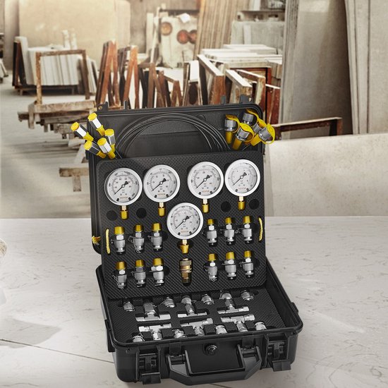 VBESTLIFE Hydraulische Druktestkit – 3 Manometers + 3 Slangen + 6 Koppelingen – Voor Graafmachines En Bouwmachines – Tot 600 Bar