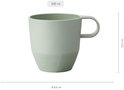 Lichtgroene mok van 300 ml, 11,5 cm hoog, diameter 8,6 cm.