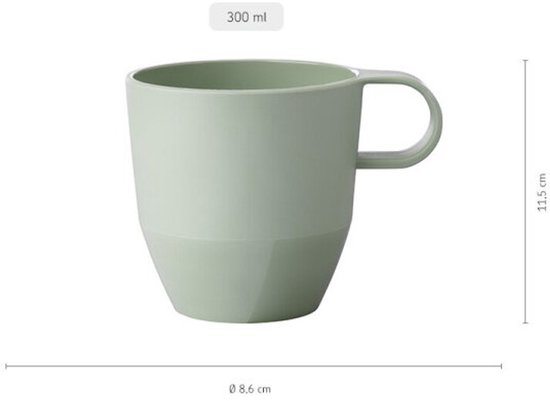 Lichtgroene mok van 300 ml, 11,5 cm hoog, diameter 8,6 cm.