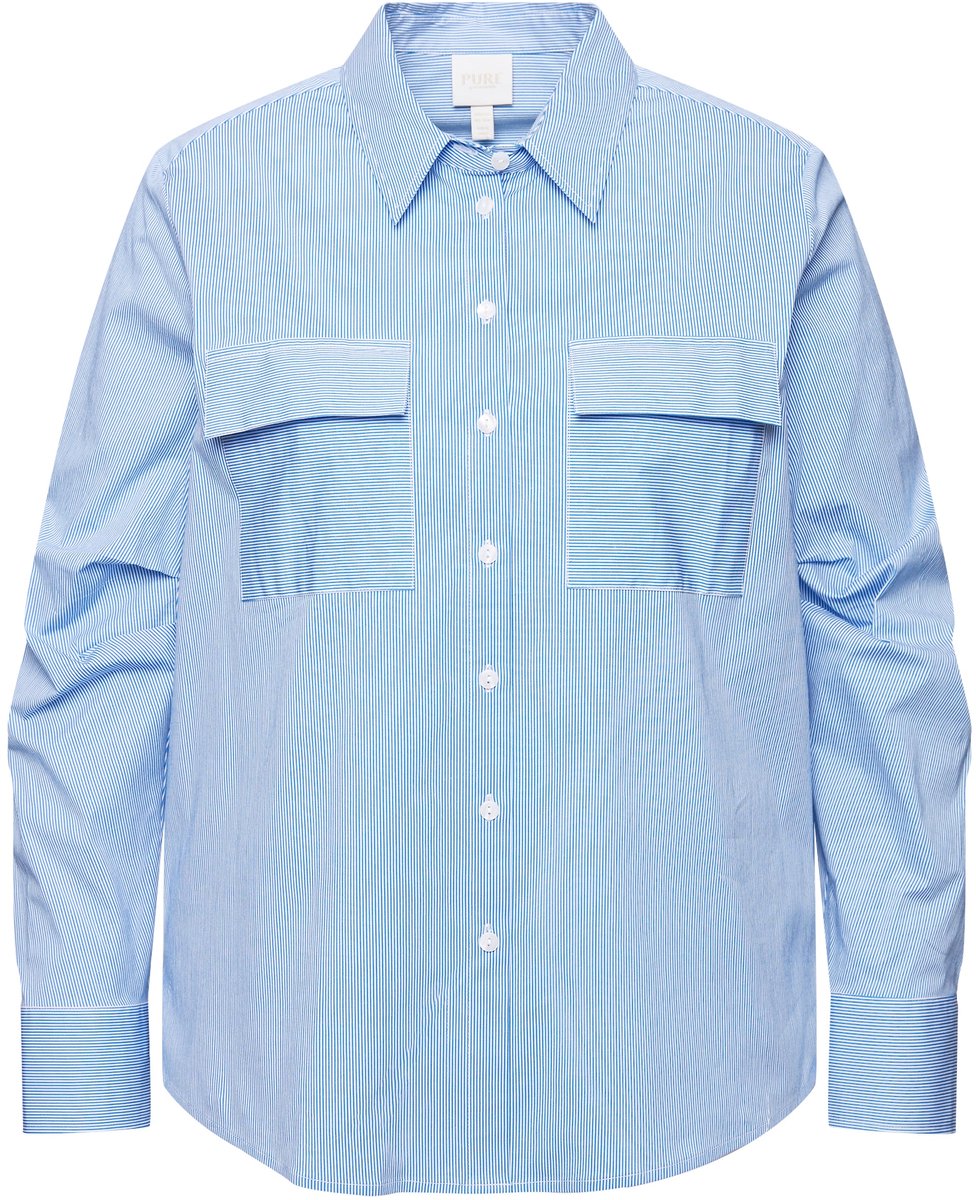 Ulla Popken - Dames - Gestreepte blouse lange mouwen met decoratieve plooien - Korenbloemblauw - Maat 46+