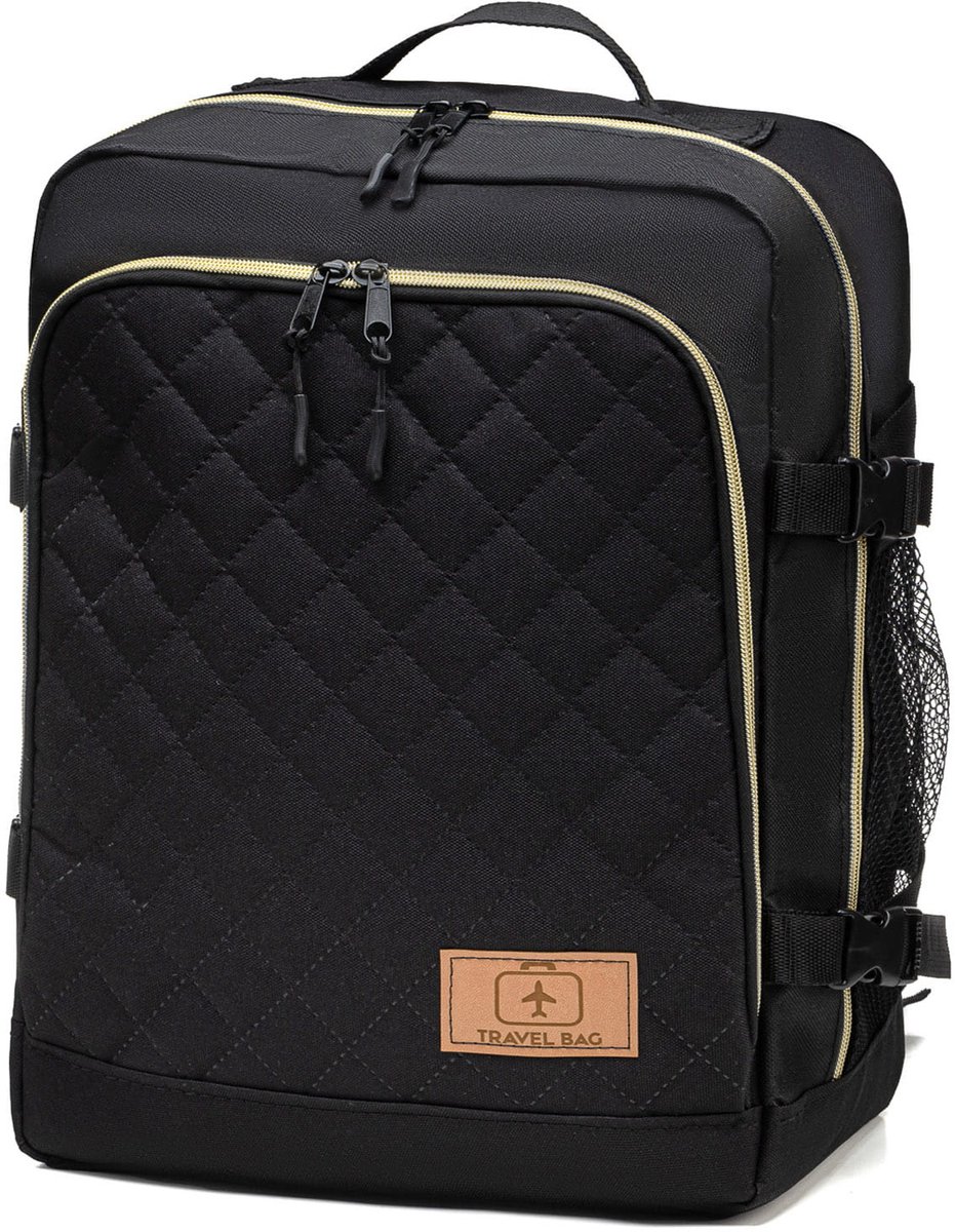 FEROCITY - Handige rugzak voor op reis 40x25x20 cm Multifunctioneel - handbagage koffer - Polyester - Zwarte Goud Zip REIS