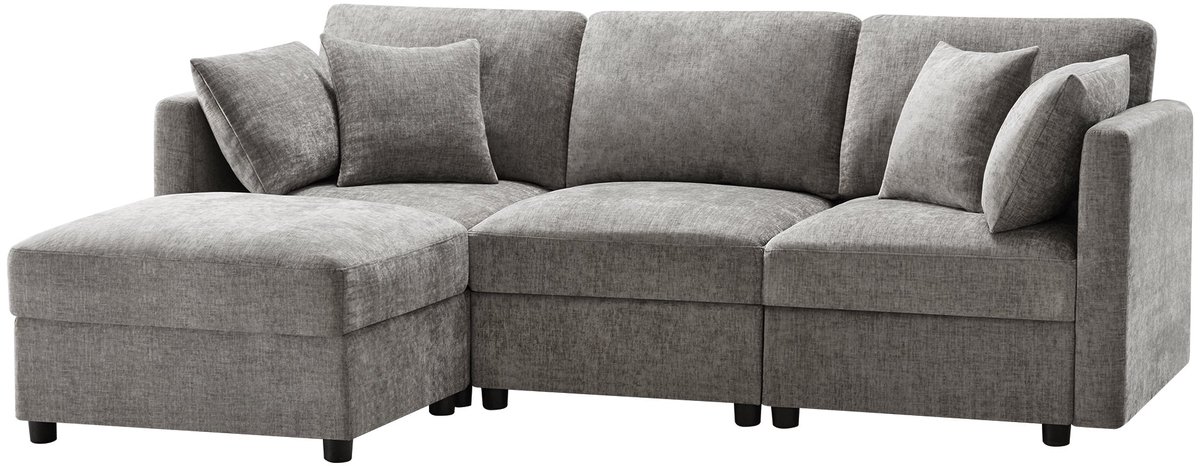 Merax L-vormige Hoekbank - Slaapbank met Hocker - 3-zitsbank - Verstelbare Armleuningen - Chenille Stoffen Bank - Inclusief 4 Kussens - Grijs - Geschikt voor Woonkamer, Appartement of Kantoor