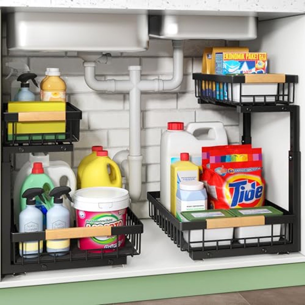 Wastafelorganizer van metaal - Uittrekbaar multifunctioneel rek voor keuken en badkamer - 2 niveaus
