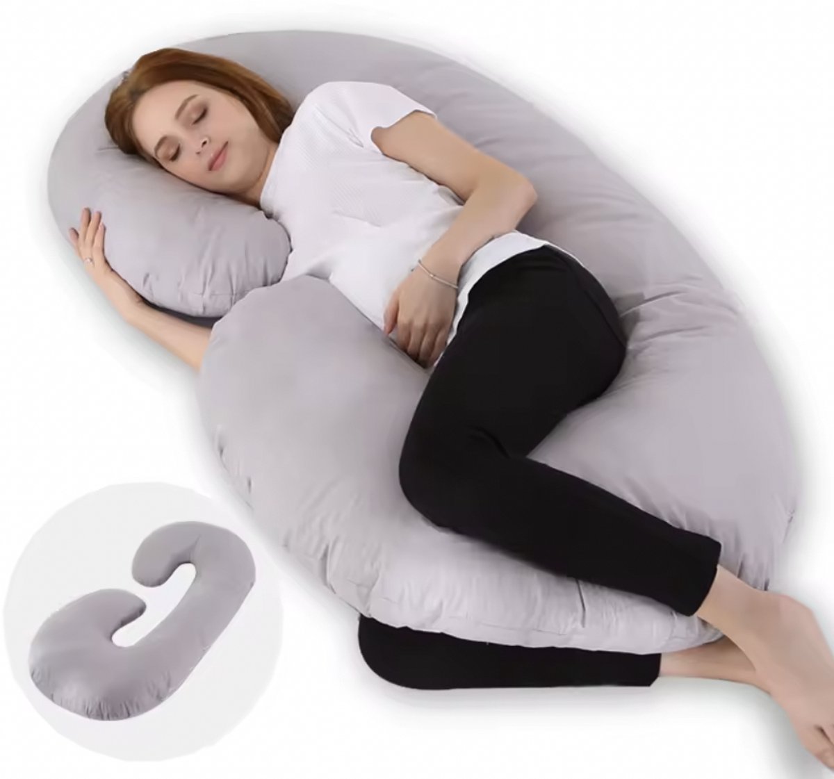 Honeybears – Zwangerschapskussen XXL – Afneembare hoes grijs - Lichaamskussen – Body pillow – Voedingskussen - Totale lengte 230cm - 130x70CM