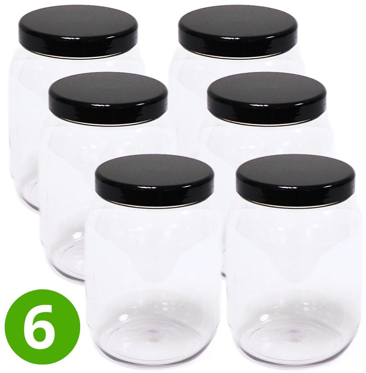 6x Ronde Pot 1500ml met Schroefdeksel - Zwarte Dop - Transparant - ALPHA - Plastic Potjes met Deksel - Cosmetica - Voorraadpot - Opbergpot - Bewaarpot - Voedselveilig - Navulbaar - PET Kunststof - Multifunctioneel