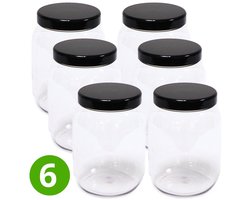 6x Ronde Pot 1500ml met Schroefdeksel - Zwarte Dop - Transparant - ALPHA - Plastic Potjes met Deksel - Cosmetica - Voorraadpot - Opbergpot - Bewaarpot - Voedselveilig - Navulbaar - PET Kunststof - Multifunctioneel