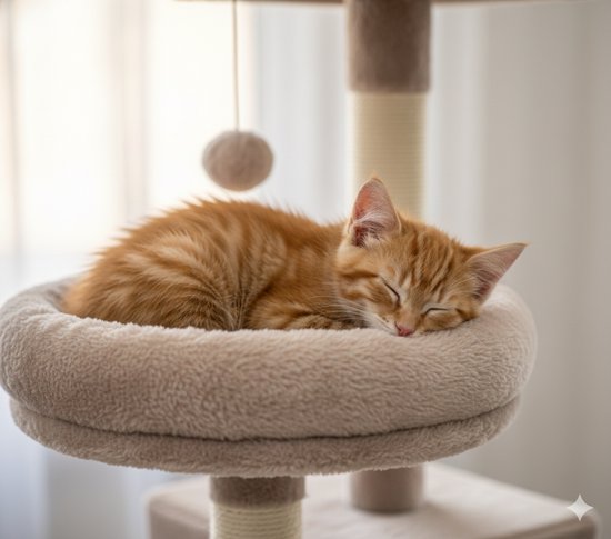 Oranje gestreepte kitten slaapt in een zacht, rond mandje bovenop een krabpaal.